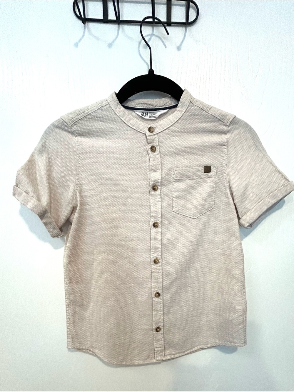H&M Boys Textured Button Front Shirt Size 7-8Y Beige Mandarin Collar